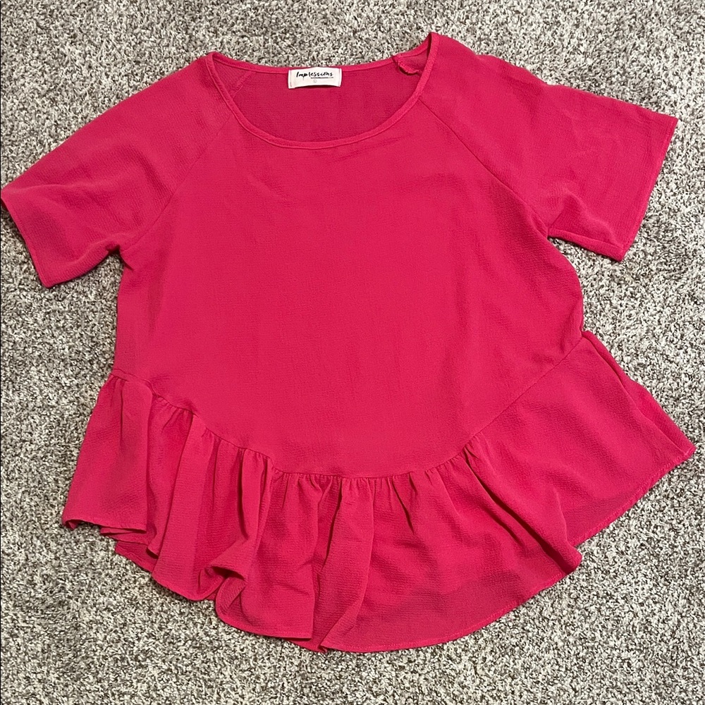 Impressions Hot Pink Ruffle-Hem Short Sleeve Blouse